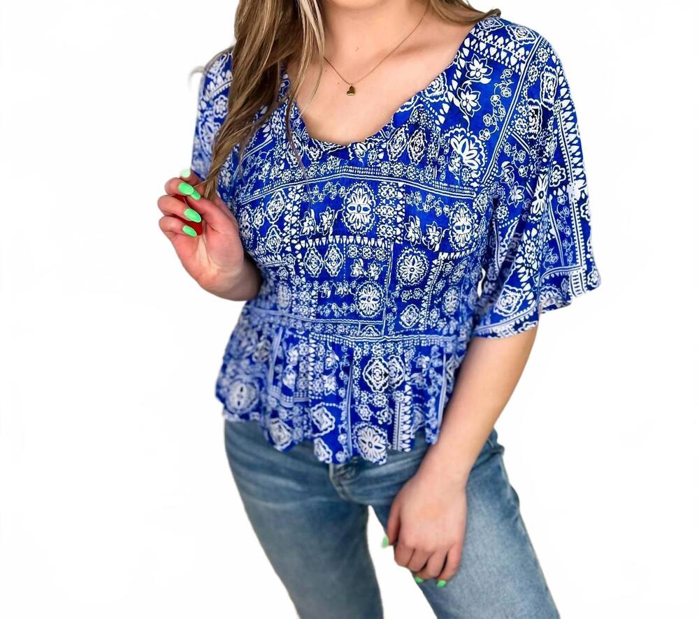 NEW JESS LEA in full circle rayon short sleeve top in blue